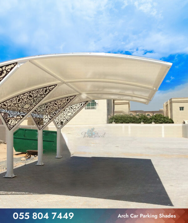 Arch Car Parking Shades white frame with CNC cutting front