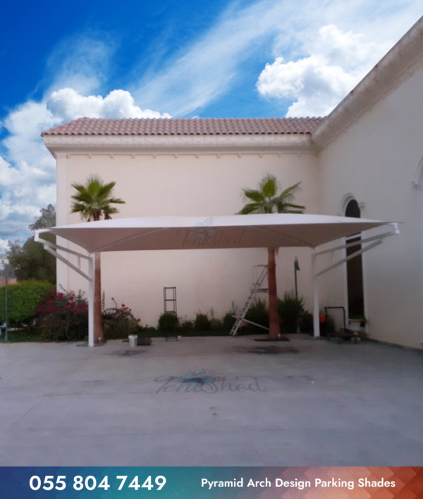 Pyramid Arch Design Parking Shades on front of villa.