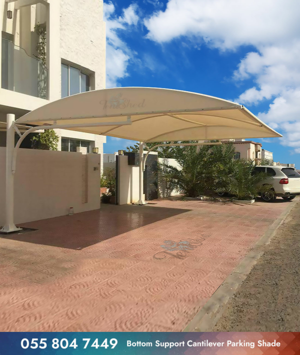 Bottom Support car parking shade in front of villa net fabric is used