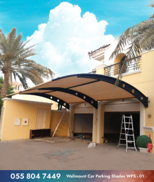 Wall Mount Car Parking Shades Black columns with beige water proof pvc installed in dubai villa