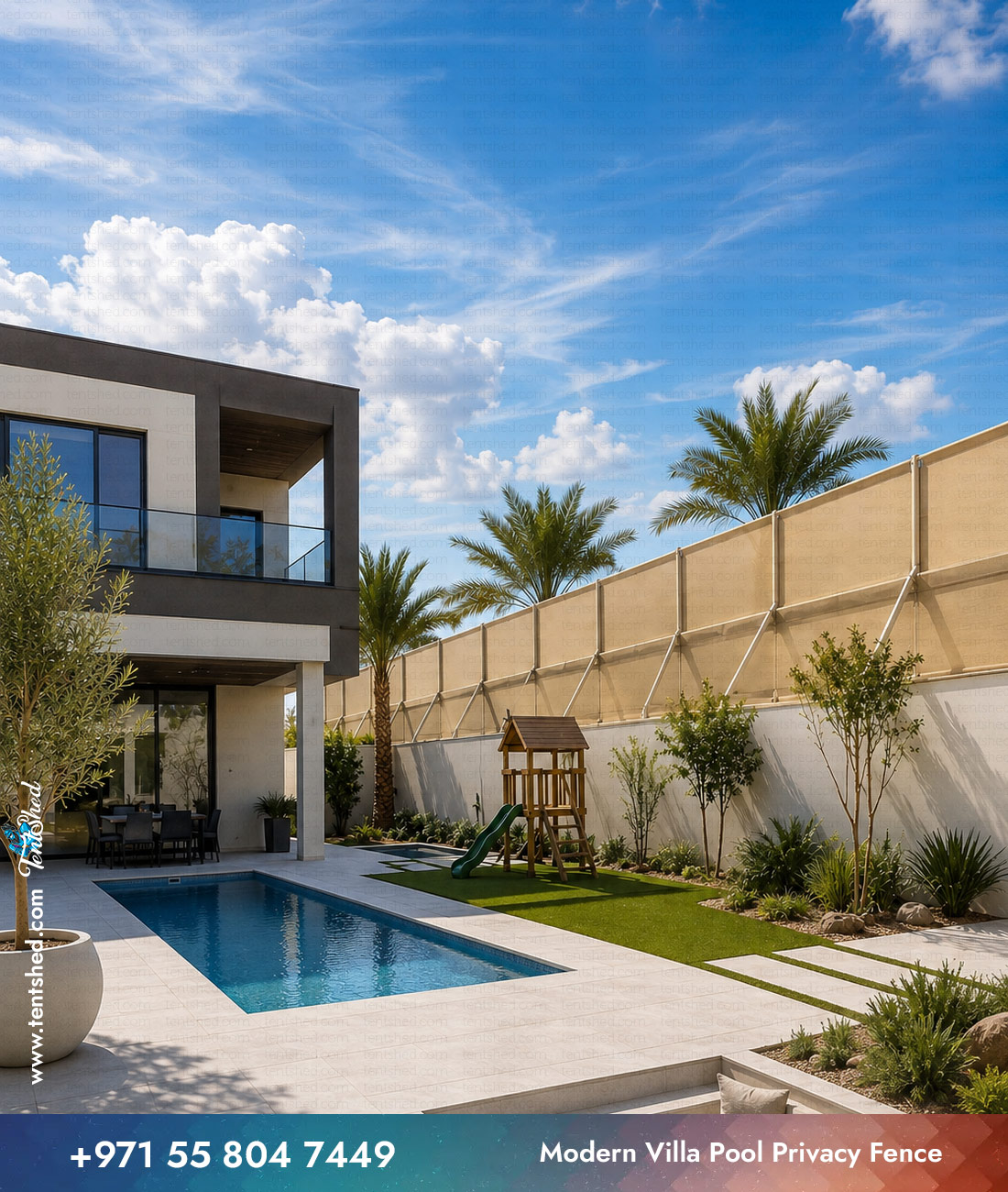Modern Villa Pool Playground Privacy Fence Dubai