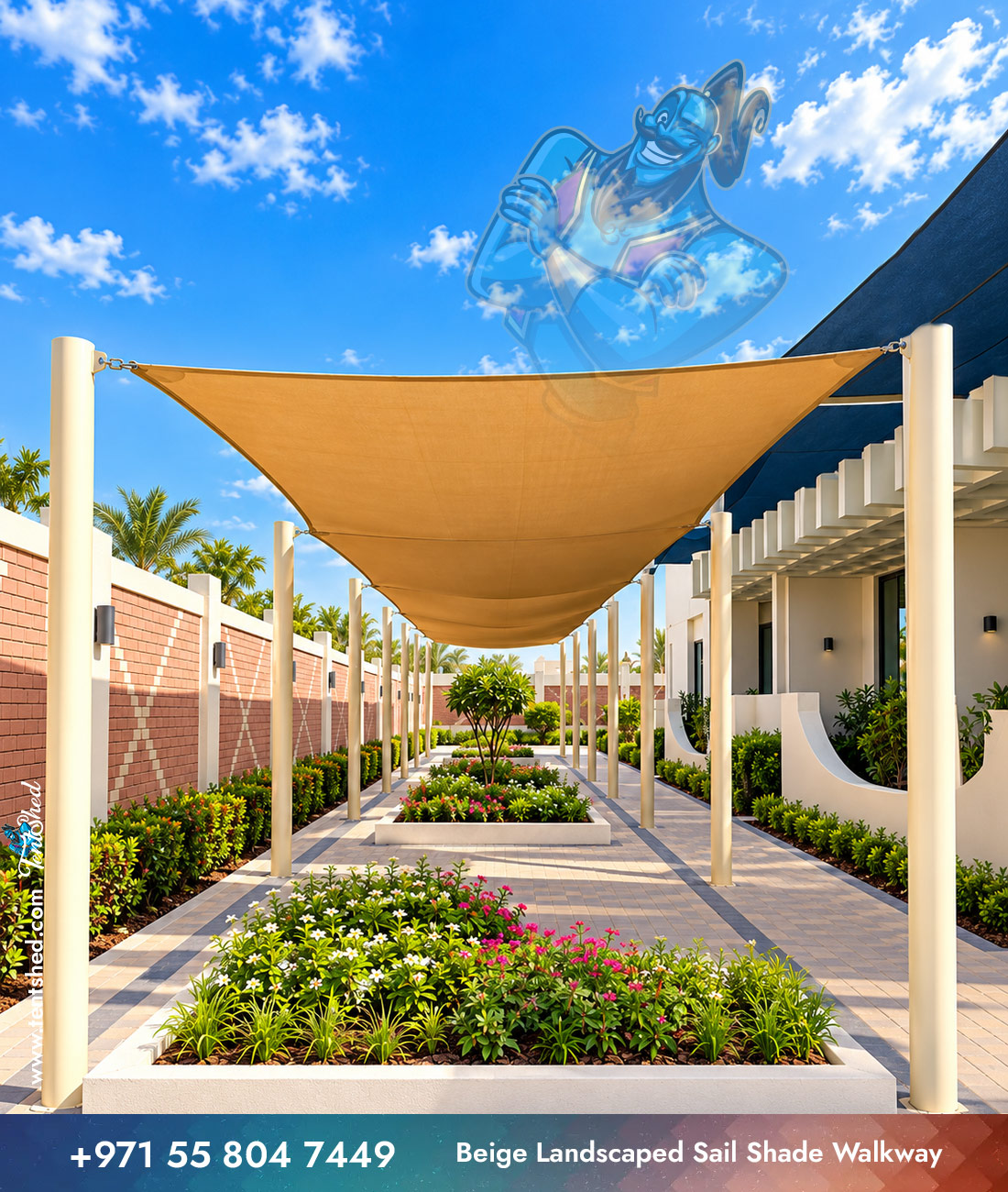 Beige Landscaped Sail Shade Walkway