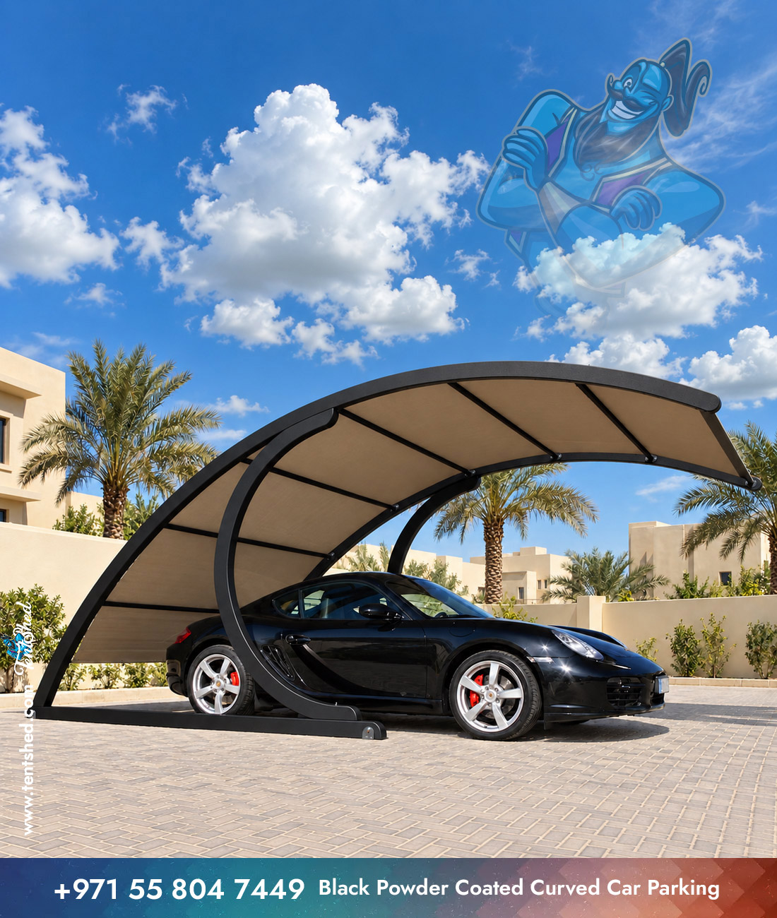 Black Powder Coated Curved Car Parking Shade Dubai Villa