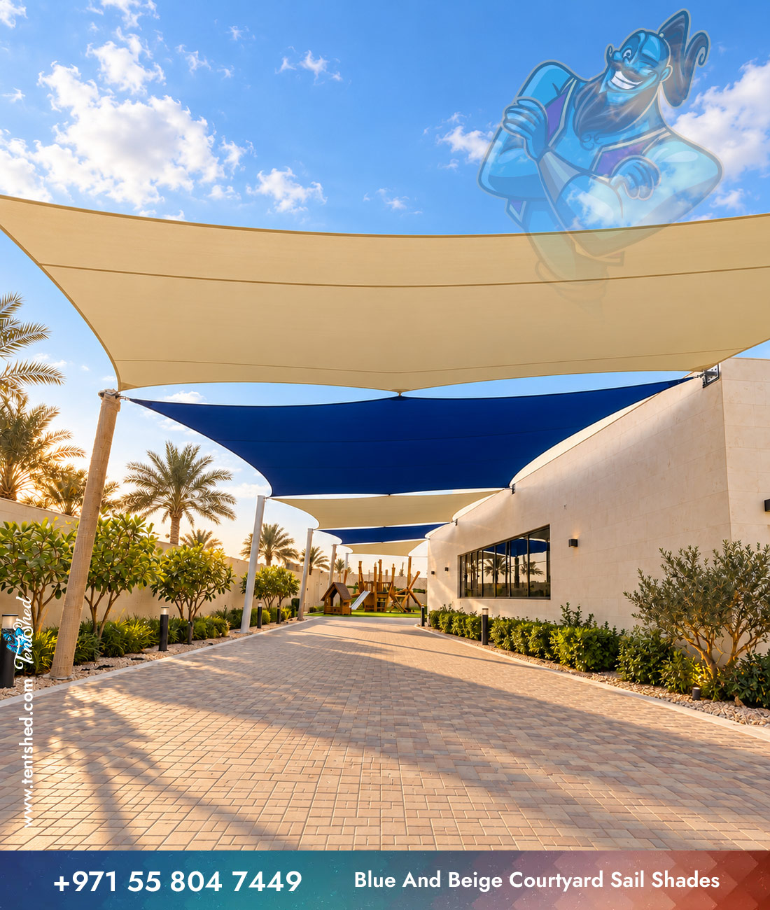 Blue and Beige Courtyard Sail Shades Long View