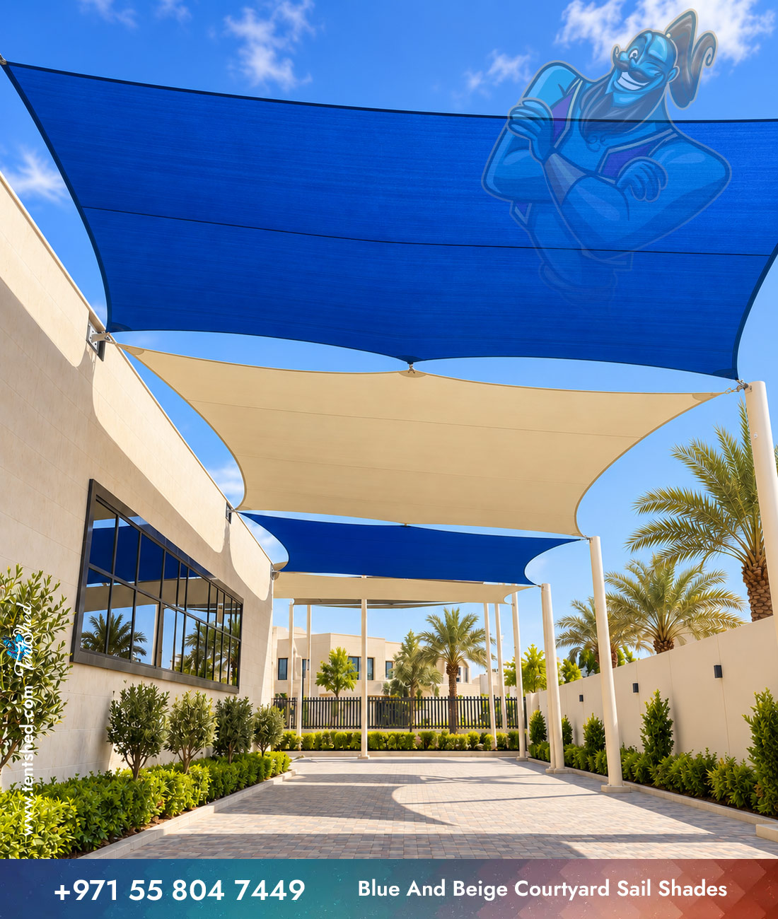 Blue and Beige Courtyard Sail Shades