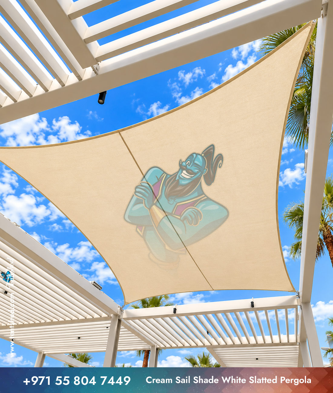 Cream Sail Shade White Slatted Pergola