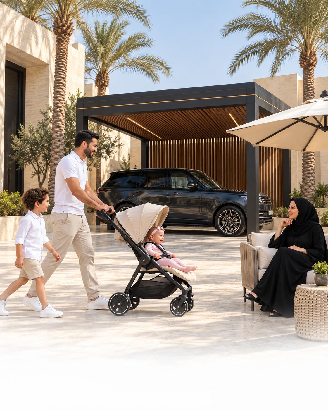 Luxury Villa Car Parking Pergola by Tent Shed Luxury car parking pergola sheltering a dark SUV beside a family in a UAE-style villa courtyard.