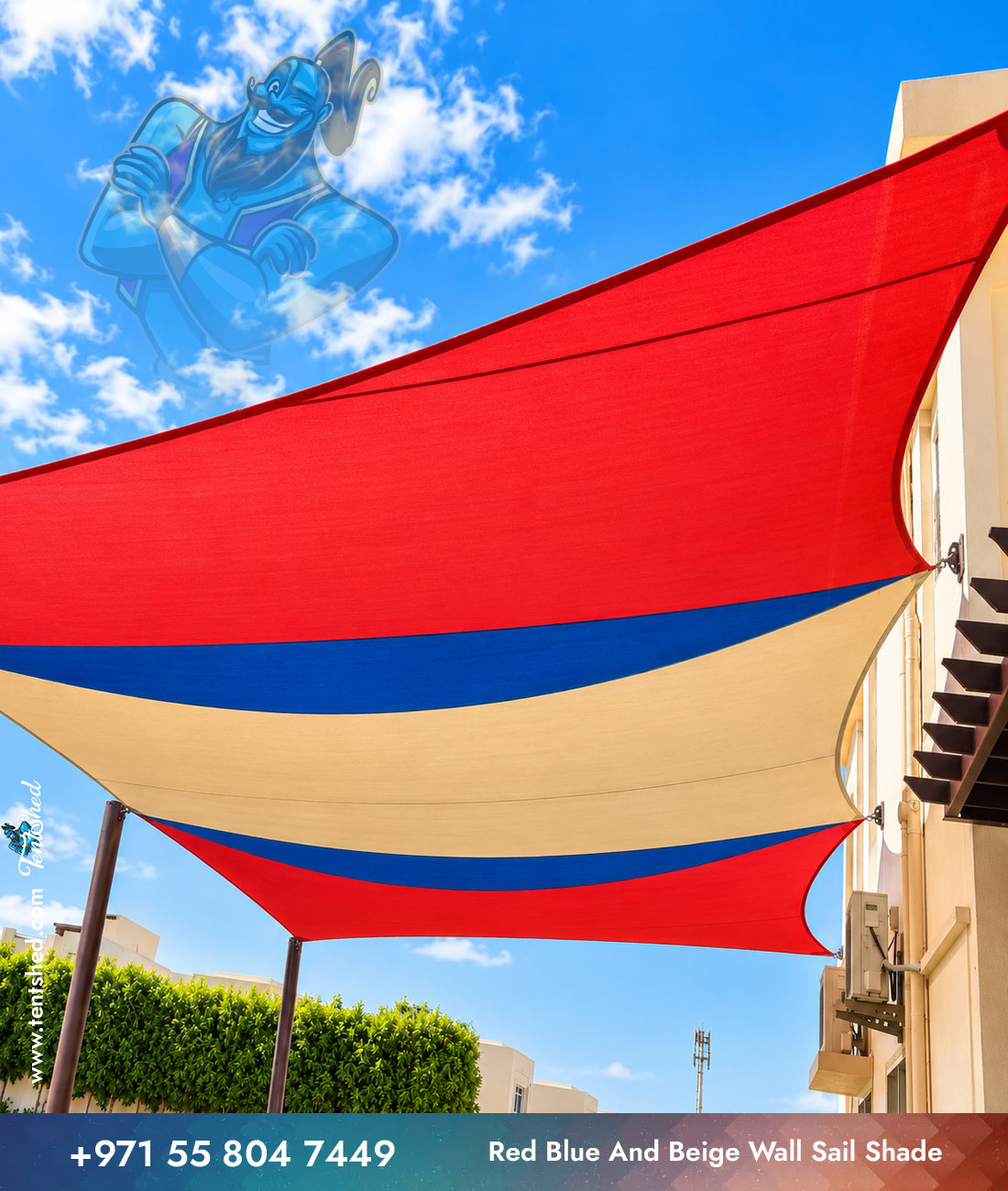 Red Blue and Beige Wall Sail Shade