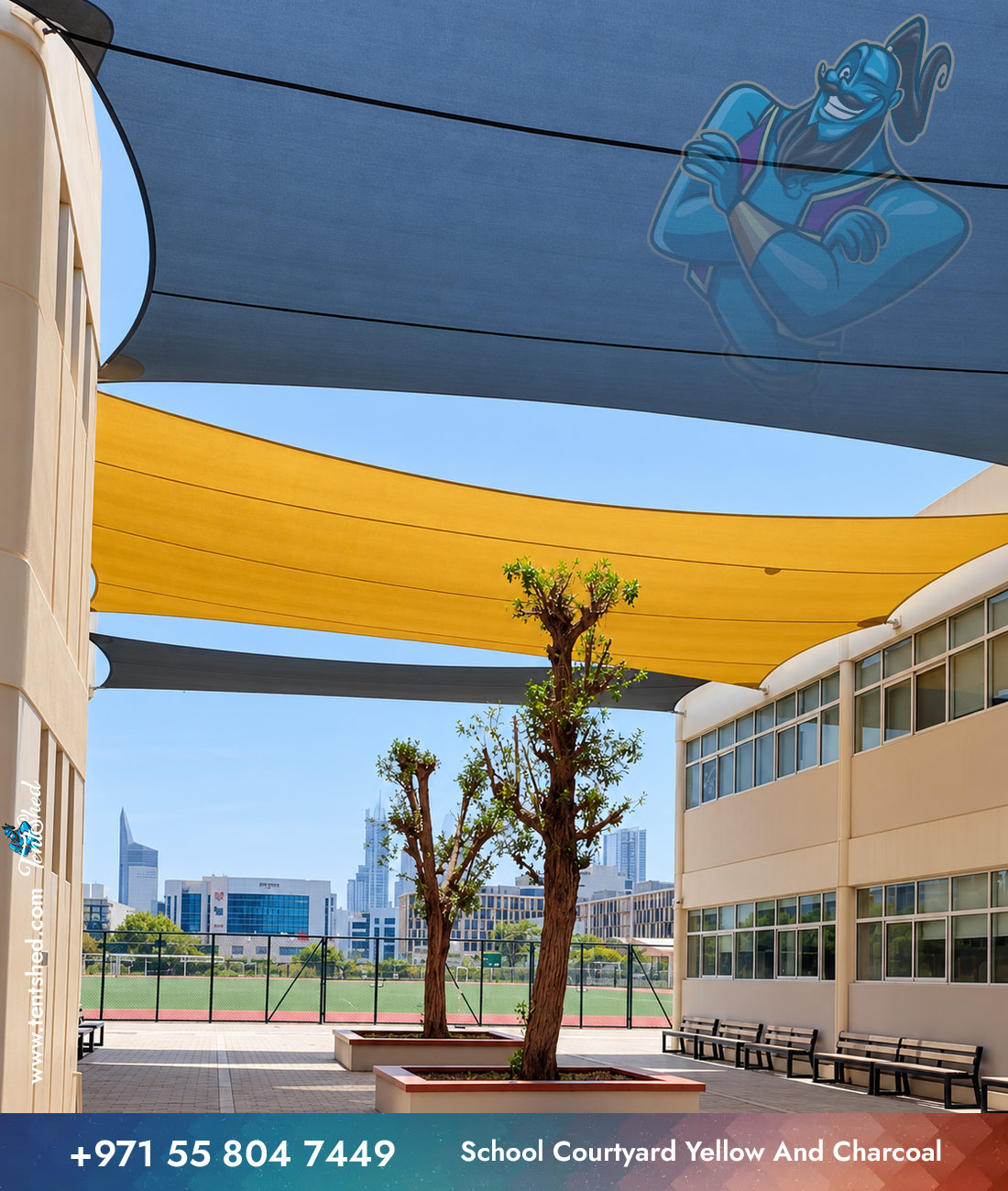 School Courtyard Yellow and Charcoal Sail Shades